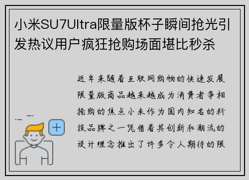 小米SU7Ultra限量版杯子瞬间抢光引发热议用户疯狂抢购场面堪比秒杀