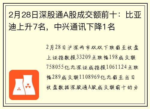 2月28日深股通A股成交额前十：比亚迪上升7名，中兴通讯下降1名