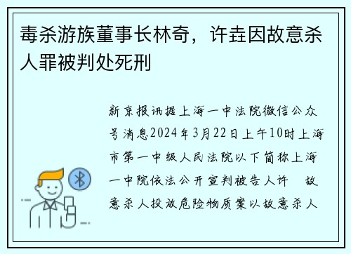 毒杀游族董事长林奇，许垚因故意杀人罪被判处死刑