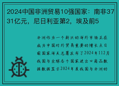 2024中国非洲贸易10强国家：南非3731亿元，尼日利亚第2，埃及前5