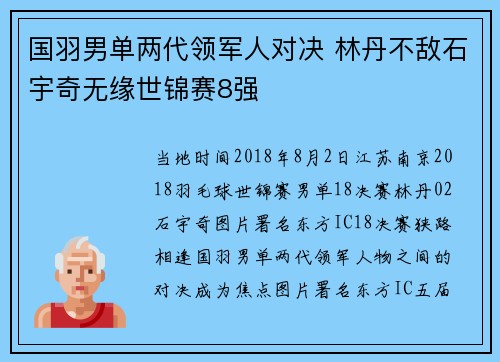 国羽男单两代领军人对决 林丹不敌石宇奇无缘世锦赛8强